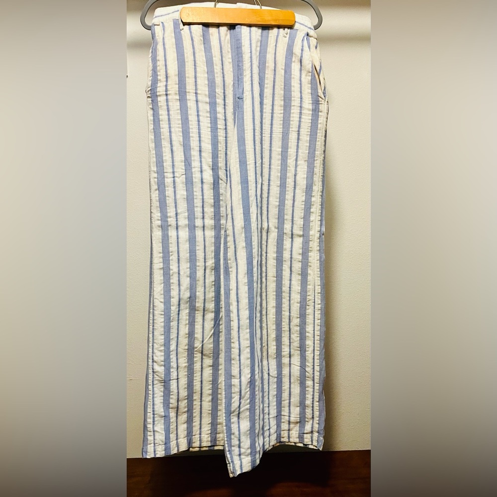 Ett:twa by Anthropology Wide Leg 100% Cotton Blue and White Stripe Trouser Pants